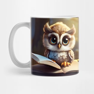 Baby Owl with Big Eyes Reading a Book Mug